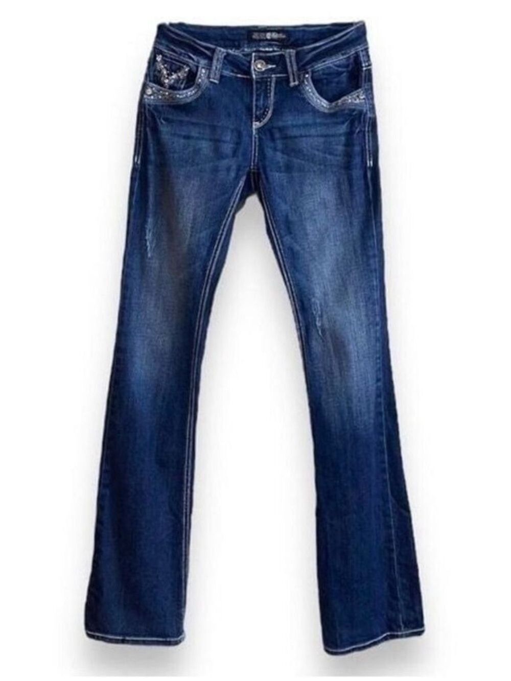 Bootcut Western Jeans Juniors Size 5 / 26” Med-Dark Wash Distressed